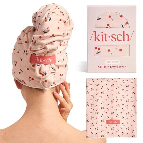 Kitsch XL Microfiber Hair Towel Wrap for Women – Ultra Absorbent Microfiber Towel for Wet, Curly, Long or Short Hair – Quick Dry, Anti-Frizz Hair Wrap – Cherry Print, 40x24 inches - Image 1