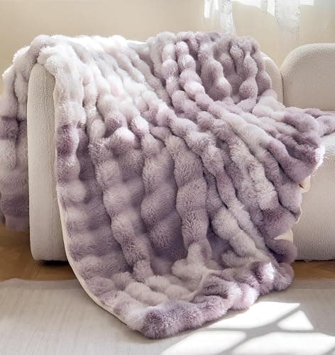 H&D Faux Fur Throw Blanket for Couch,Fluffy Cozy Soft Plush Luxury Thick Fuzzy Fleece Blanket for Couch Bed Sofa Bedroom Living Room,Comfy Bubble Blanket - Image 1