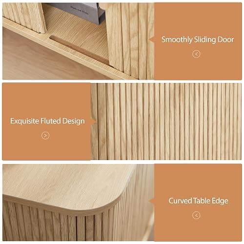 RUSTYER Farmhouse Square End Table with Charging Station, 24" Large Fluted Sofa Side Table with Sliding Tambour Door and Storage, Rustic Curved Wood Nightstand for Living Room, Bedroom, Natural thumbnail 6
