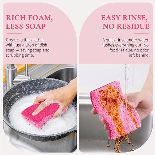 12 Pack Non-Scratch Kitchen Sponges, S-Shaped Pink Dish Sponges for Kitchen | Biodegradable Cellulose & Non-Scratch Scrubber, Household Gentle Cleaning Sponges for Pots Pans Stemware Porcelain Bathroom thumbnail 8