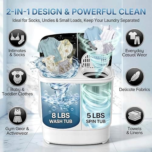 SUPER DEAL Compact Mini Twin Tub Washing Machine 13lbs Capacity Portable Washer Wash and Spin Cycle Combo, Built-in Gravity Drain for Camping, Apartments, Dorms, College, RV’s and Small Spaces thumbnail 5
