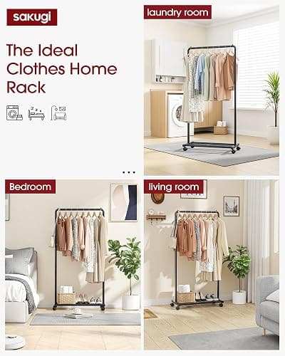Sakugi Clothes Rack - Clothing Rack with Storage Mesh Shelf & Casters, Heavy-Duty Metal Clothing Rack for Hanging Clothes, Dresses, Coats, Large Load Capacity, Easy Assembly, Black, 28.0"x16.9"x59.0" thumbnail 4