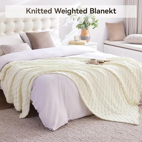 Wellfeel Knitted Weighted Blanket for Adult, No Beads Heavy Blanket 48” x 72'' 12lbs, Breathable Chunky Knit Blanket, Cooling Weighted Blanket for Hot Sleepers, Christmas Home Decor (Ivory White) thumbnail 6