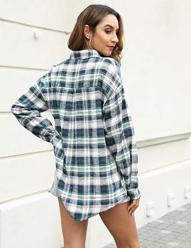 Megfie Oversized Flannel Plaid Button Down Shirt Long Sleeve Blouses thumbnail 7