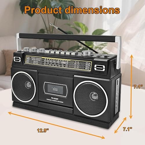 Cassette Player Boombox with Bluetooth, AM/FM/SW Radio & Record to USB, 24W Stereo Sound, 4 Power Modes, Portable Retro Stereo for Indoor Outdoor, Classic Black thumbnail 8