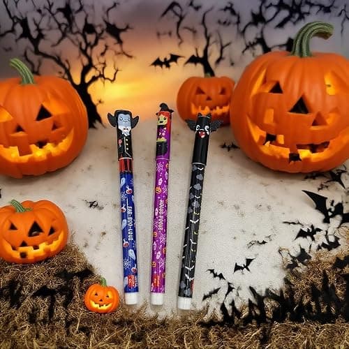 Shinekoo Juego de 3 bolígrafos de gel borrables de Halloween, diseño de animales, calabaza, murciélago, bruja, bolígrafos borrables para niños que aprenden y escriben, 3 ml thumbnail 2