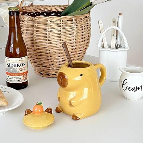 LLFH Capybara Mug Capybara Gifts Tumbler 16 Oz Ceramic Coffee Mugs With Lid Tea Kapibara Cup Funny Unique Gift （Yellow） thumbnail 2