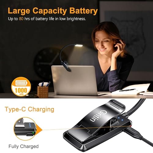 Gritin 9 LED Rechargeable Book Light for Reading in Bed - Eye Caring 3 Color Temperatures,Stepless Dimming Brightness,80 Hrs Runtime Small Lightweight Clip On Book Reading Light for Studying - Black thumbnail 4