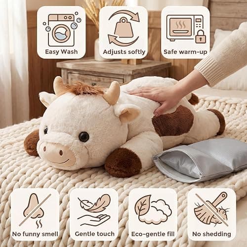 Mewaii Weighted Stuffed Animals with Microwavable Heating Pad - 5lb Adjustable, Heatable & Coolable Cow Plush for Realistic Hug, Removable Inner Pad, Perfect Plush Gift for Kids, Adults (23 Inch) thumbnail 8