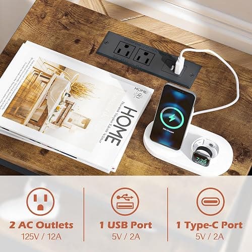 SUPERJARE Nightstand with Charging Station, Bed Side Table with Adjustable Fabric Drawer, Night Stand for Bedroom, 3-Tier Storage End Table, for Living Room, Rustic Brown and Black thumbnail 6