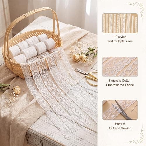 mypartyco 50 Yards White Lace Ribbon 10 Rolls 1 inch to 2.5 inch Width | Vintage Cotton Lace Trim Fabric for Crafts Sewing Dress Clothes Wedding Bridal Decor (5 Yards/Roll) thumbnail 4