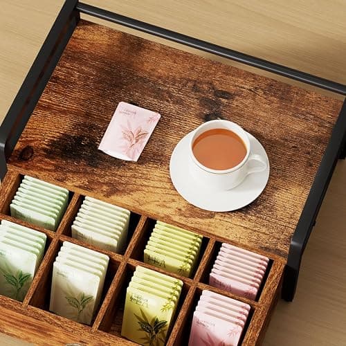 IBUYKE Tea Bag Organizer,Tea Box with Drawer,Brown TCJ004H | Wood Tea Bag Holder for Countertop 2 Tier Tea Station Organizer with Metal Frame for Kitchen Cabinet Coffee Station Office thumbnail 9
