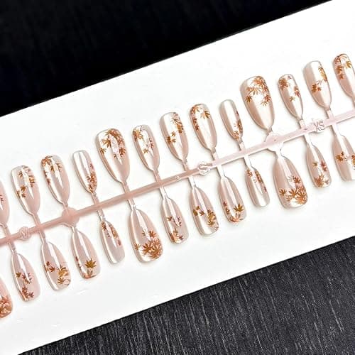 30 Pcs Fall Press on Nails Almond Fake Nails with Maple Leaf Design Nude Cat Eye False Nails Medium Glossy Acrylic Nails Autumn Thanksgiving Stick on Nail for Women thumbnail 4