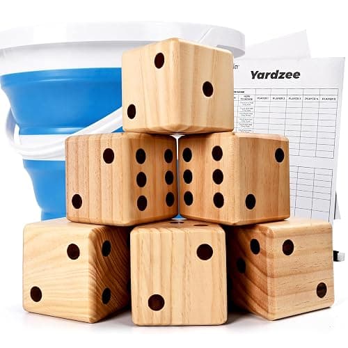 ropoda 3.5" Giant Wooden Yard Dice Set for Outdoor Fun, Barbeque, Party Events, Backyard Games, Lawn Games Includes 6 Dice, Collapsible Bucket, Score Cards & Dry Erase Marker - Image 1