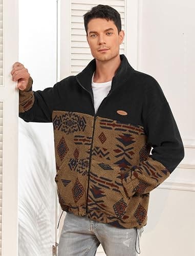 ZAFUL Men Ethnic Aztec Printed Fluffy Fuzzy Jacket Plush Fleece Casual Stand Collar Zip Outwear Cardigan Coat with Pockets thumbnail 3