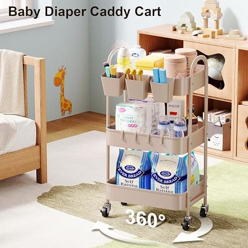 3 Tier Khaki Metal Utility Rolling Cart, Storage Cart with Handle and Lockable Wheels, Multifunctional Organizer Trolley with Mesh Storage Baskets for Kitchen, Office, Living Room, Laundry, Garage - Rustic Khaki - 3 tier thumbnail 4