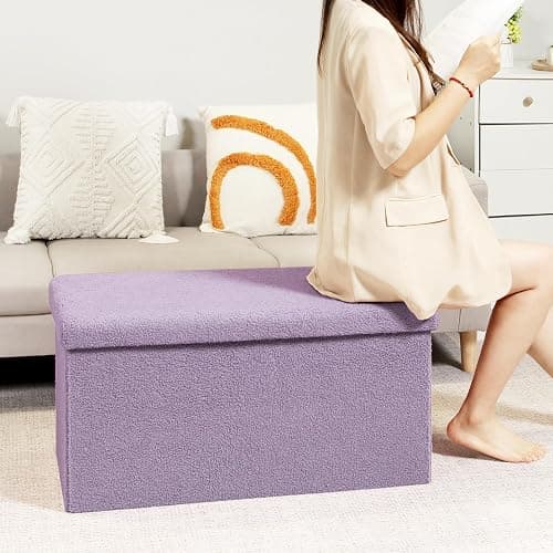 PINPLUS Folding Storage Ottoman Bench, Sherpa Ottoman with Storage, Large Long Shoes Bench Chest with Lid, Footrest for Living Room, Entryway, Purple, 31.5'' x 15.7'' x 15.7'' thumbnail 6