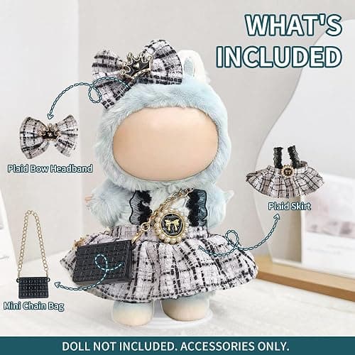 Clothes for Labubu – Lovely Doll Dress with Bow Headband & Mini Chain Bag, Fashion Accessories for Doll Outfit (Chic Black) thumbnail 5