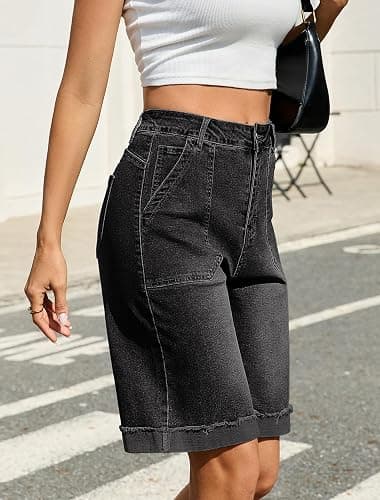 Eddoyee Bermuda Shorts for Women High Waisted Knee Length Cuffed Long Stretchy Denim Shorts Loose Summer Jean Jorts thumbnail 3