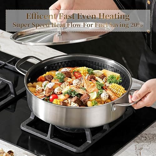 DELARLO Tri-Ply Stainless Steel Braiser Pan with Lid 5 Quart Nonstick Induction Rondeau Cooking Pot 12inch Deep Frying Pan Large Saute Pan Heavy Duty,Dishwasher and Oven Safe to 550℉ thumbnail 4