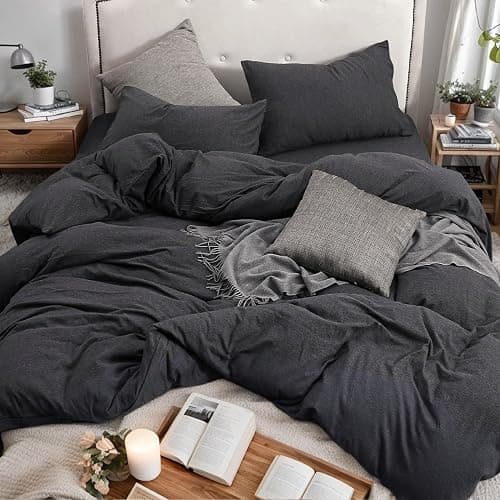 PURE ERA Jersey Knit Duvet Cover Set 100% T-Shirt Cotton Super Soft Comfy 3pc Bedding Set with Zipper Closure (Heather Charcoal Grey, Full) thumbnail 8