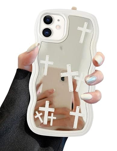 Jusy Compatible with iPhone 11 Case with Wavy Edge, Cute White Cross Pattern Mirror Curly Phone Cases, Shockproof Hard PC & Soft TPU Bumper Protection Cover for Women Girls-Cross Pattern - Image 1