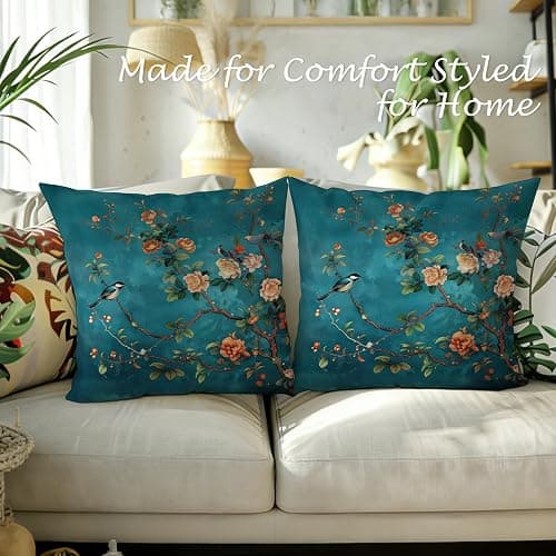 WDSFHYJK Teal Chinoiserie Floral Bird Pillow Covers 18x18 Set of 2, Cottagecore Room Decor, Rustic Farmhouse Flower Bird Decorative Throw Pillow Covers Pillowcases for Living Room Home Bedroom thumbnail 5