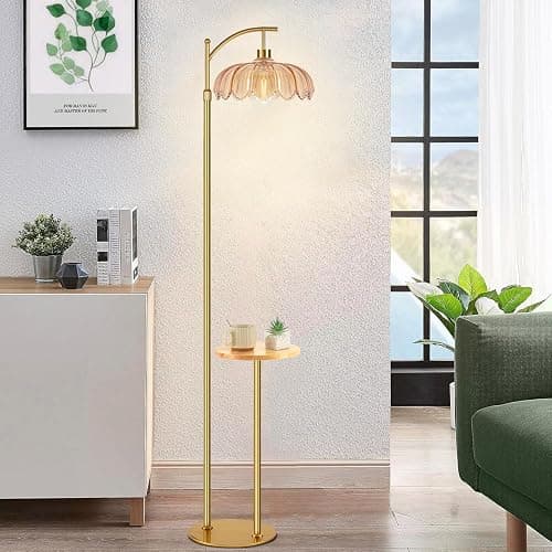 QIYIZM Gold Floor Lamp with Table and Shelves for Living Room Bedroom,Glass Standing Lamp with Remote Dimmable,Boho Brass Tall Lamp Vintage Farmhouse Arc Flower Floor Light Bohemian thumbnail 8