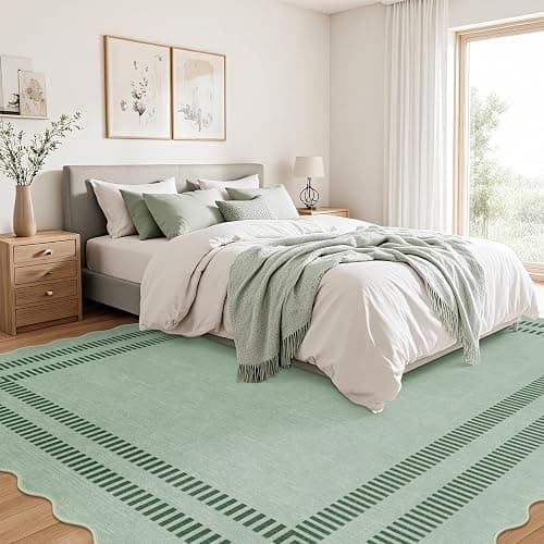 LORWER Washable 8x10 Rugs for Living Room Bedroom, Non-Slip Sage Green Indoor Carpet for Dining Room Office, Ultra Thin Scalloped Soft Carpets for Kids Nursery Playroom thumbnail 7