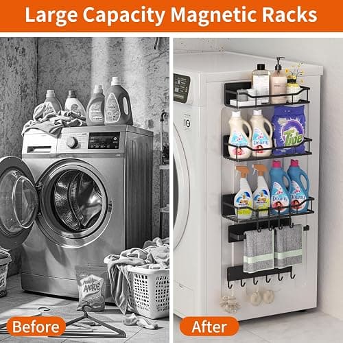 Magnetic Spice Rack,Multifunctional Magnetic Shelf for Washing Machine,Refrigerator,Microwave,and Any Metal Surface,Powerful Magnetic Shelves Include Magnetic Paper Towel Holder (5 pcs - Black) thumbnail 6