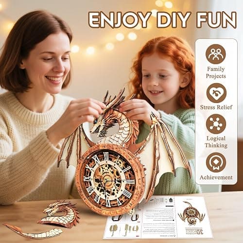 Cutywood 3D Puzzle for Adults Clock-Dragon Design Model Kit-Mechanical DIY Pendulum Clock with Roman Numerals-Desk Office Home Decor Personalized Gift for DIY Lovers thumbnail 6