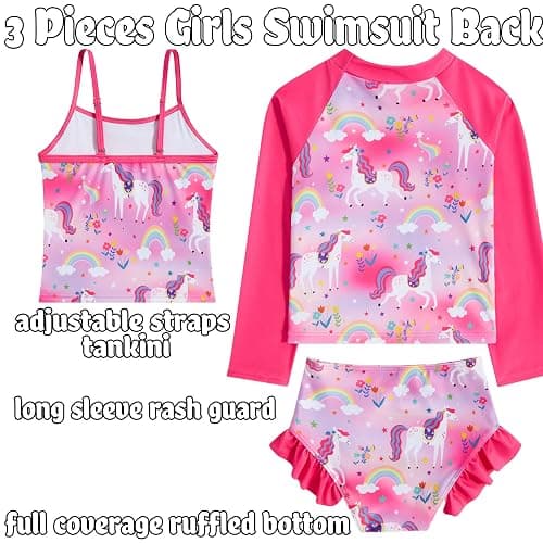 swimsobo Girls 3-Piece Swimsuit Size 3-10Y Bahting Suit Long Sleeve Rash Guard Tankini Sets UPF Sun Protection thumbnail 3