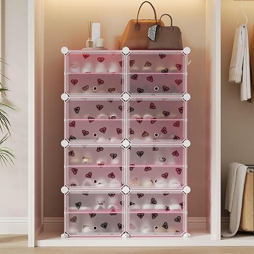 TrailBlaze 8-Tier Expandable Shoe Rack Organizer – Plastic Closet Shoe Storage Cabinet with PVC Shelves and Door – Space-Saving Design for Entryway, Bedroom, Hallway – Pink thumbnail 8