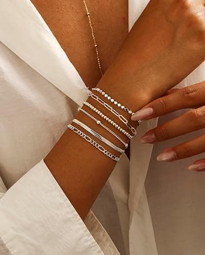 DEARMAY Dainty Silver Plated Chain Bracelets for Women Trendy, Waterproof Silver Jewelry Sets Fashion Stackable Beaded Figaro Herringbone Paperclip Chain Bracelet Pack Stack Gifts thumbnail 2