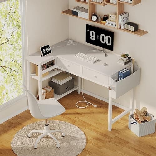 DLisiting Small White L Shaped Desk with Drawers & Storage Shelves, 40 Inch Corner Desk with Power Outlet for Small Space Home Office, Study Work PC Desks for Bedroom thumbnail 2