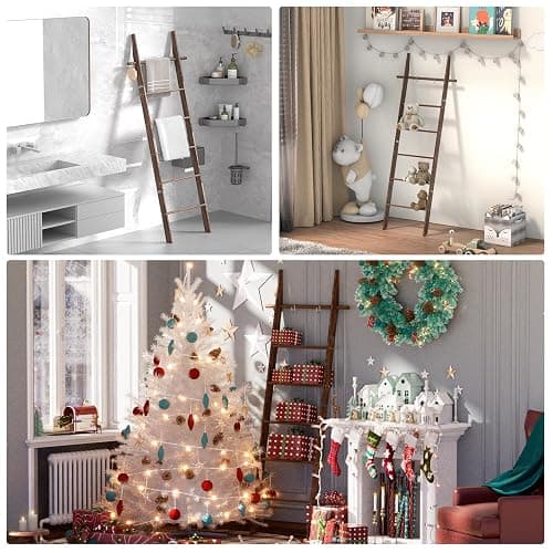 chilinii Farmhouse 6 Ft Wooden Blanket Ladder with Removable Hooks, 6-Tier Rustic Blanket Rack Decorative Stand, Leaning Towel Quilt Rack Holder for Bathroom Living Room Decor Brown thumbnail 4