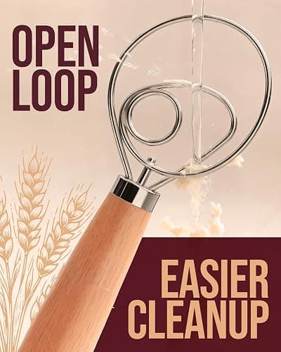 Superbaking Danish Dough Whisk - 12" Bread Whisk for Dough Mixing - Single Eye Design Sourdough Whisk - Sourdough Bread Baking Supplies - Bread Making Tools and Accessories - Ergonomic Wooden Handle thumbnail 5