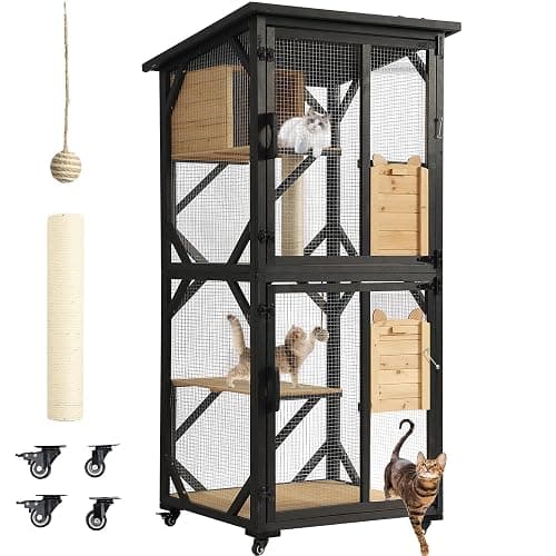 MAGIC UNION 71" Catio Outdoor Cat Enclosure Window Access, 4 Tiers Cats Playpen Catio with Wheels, Resting Box & Waterproof Roof, Indoor Large Cat House Cage with Scratching Post Sisal Ball (Black) - Image 1