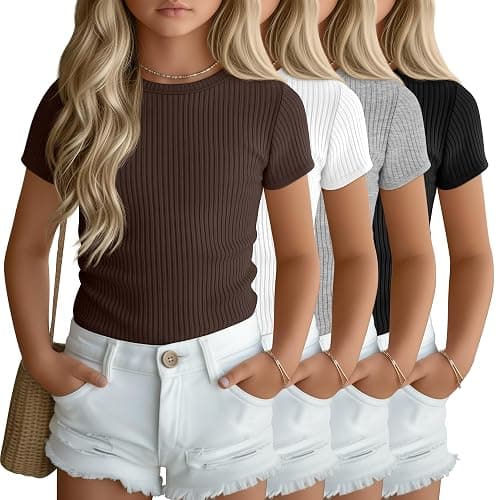 Mumucove 4 Pack Girls' Ribbed T-Shirts | Short Sleeve, Soft, Crew Neck, Slim Fit, Tween Tops, Basic Tees, Summer, Kids 5-14 Years - Image 1
