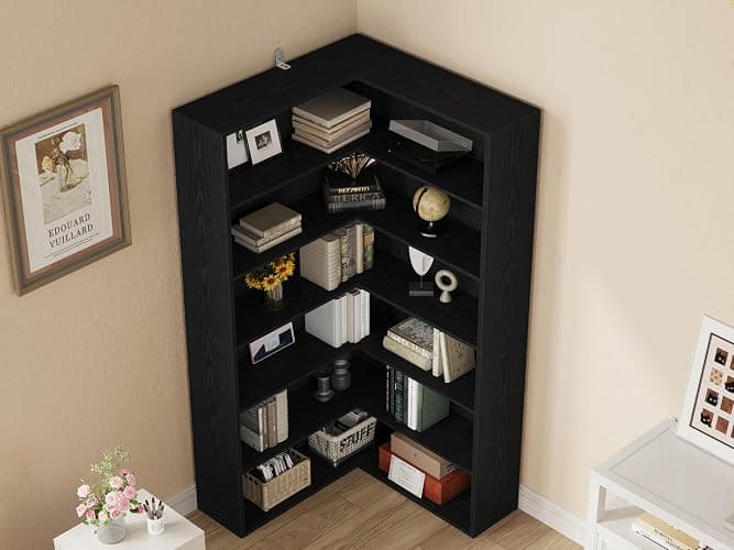 ANCTOR Corner Bookshelf, 6 Tiers Corner Bookcases with Baffles Etagere Shelf Storage Rack for Living Room Home Office, Black thumbnail 6