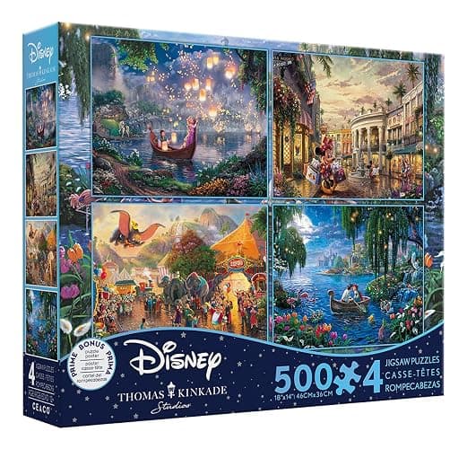Ceaco - 4 in 1 Multipack - Thomas Kinkade - Disney Dreams Collection - Tangled, Mickey and Minnie Mouse, Dumbo, & The Little Mermaid - (4) 500 Piece Jigsaw Puzzles , Blue thumbnail 6