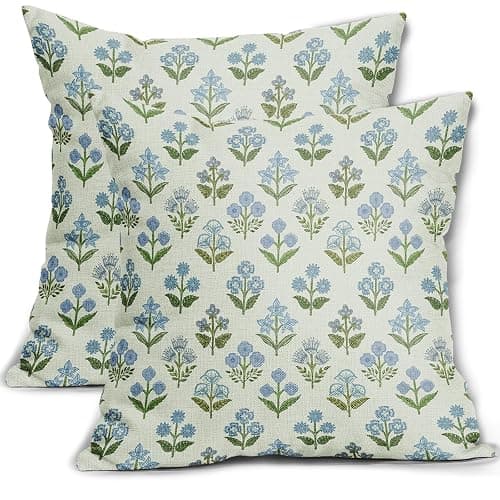 Sivirary Blue Green Block Print Pillow Covers 24x24 Inch Set of 2, Vintage Floral Spring Decorative Throw Pillow Cases Boho Cushion Covers Rustic Decoration Gift Farmhouse Sofa Couch Bed Decor - Image 1