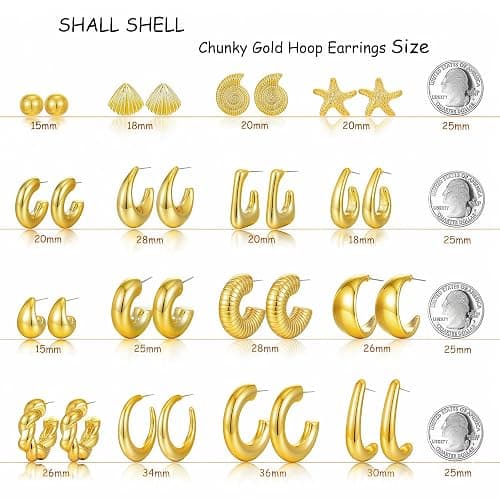 16 Pairs Starfish Chunky Gold Hoop Earrings Set for Women, Beach Shell Style Stack Statement Earrings, Hypoallergenic Lightweight Gold Plated Trendy Summer Jewelry Gift thumbnail 7
