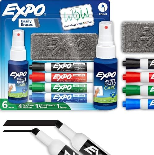 EXPO Dry Erase Markers Kit, Chisel Tip, Assorted Colors, Eraser, Spray Cleaner, 6 Count - Whiteboard, Calendar, Office Essentials, School, Classroom, Teacher Supplies - Image 1