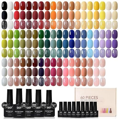 GAOY 60 Pcs Gel Nail Polish Set, 55 Colors All Season Gel Polish Kit Red Nude Black White Pink with 5 Pcs Soak off Base Glossy Matte Glitter Top Coat & Builder for Nail Art DIY Manicure at Home - Image 1