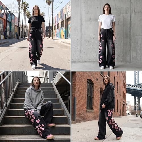 bestshark Baggy Women’s Wide Leg Jeans High Waisted Baggy Denim Pants Loose Fit Y2K Graphic Jeans Black thumbnail 6