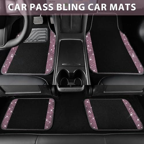 CAR PASS Bling Diamond Car Floor Mat Shining Rhinestones Carpet, Sparkly Glitter Crystal Anti-Slip PVC Heel Pad Automotive Universal Fit for SUV Sedan Car Van, 4pcs for Girl Cute Women, Black Pink thumbnail 3