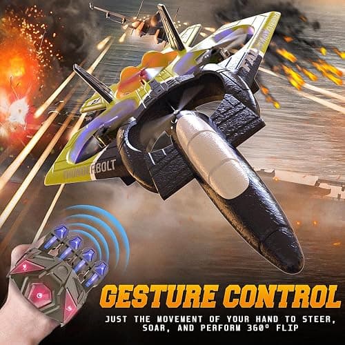 BEZGAR RC Airplane, 2.4GHZ 6-axis Gyro Remote Control Airplane, Gesture Remote Control Plane, 360° Flip Fighter Jet Toy, Toys for Ages 8-13 with Colorful LED Navigation Lights Green thumbnail 2