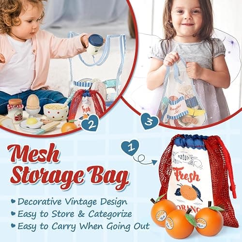 Lehoo Castle Wooden Play Food Set - Montessori Cutting Fruit Egg Bread, Pretend Breakfast Food Toys for Kids Kitchen, Educational Toddler Toys 3-5 Years, with Storage Bag, Birthday Gift for Boys Girls thumbnail 5