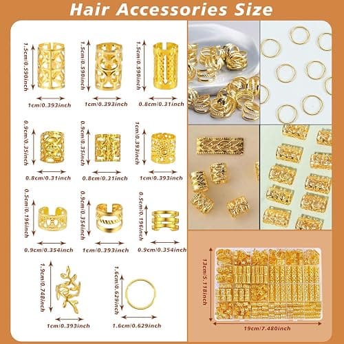 Hezoruo 220Pcs Gold Hair Clips for Braids and Dreadlocks, Adjustable Metal Hair Cuffs Rings Charms for Women, Bohemian Style Braiding Decoration Jewelry for Festival Party thumbnail 6